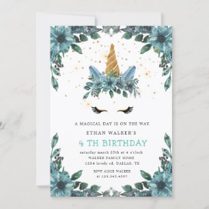 magical blue floral unicorn Birthday Invitation