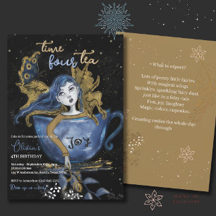 Magical Blue Gold Fairy Teacup Birthday Tea Party Invitation