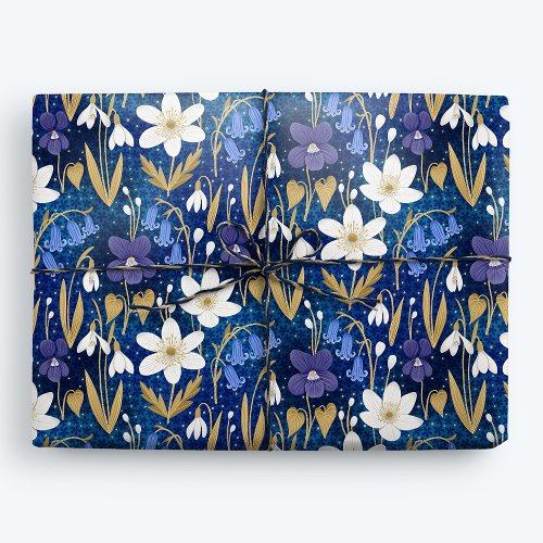 Magical Blue Illustrated Spring Floral Wrapping Paper