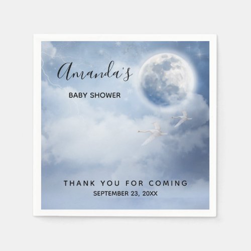 Magical Blue Sky with Flying Swans Baby Shower Napkins