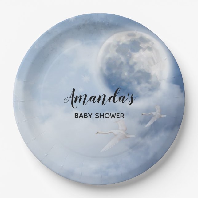 Magical Blue Sky with Flying Swans Baby Shower Paper Plates (Front)