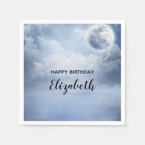 Magical Blue Sky with Flying Swans Birthday Napkins