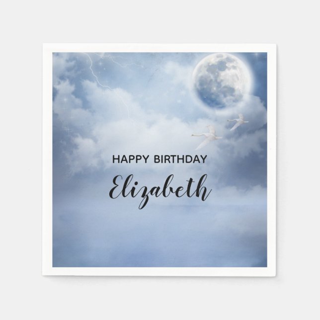 Magical Blue Sky with Flying Swans Birthday Napkins (Front)
