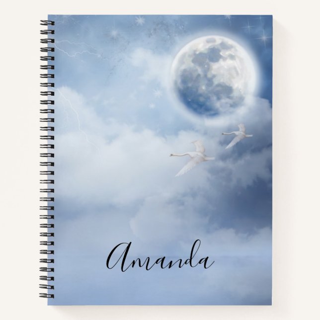 Magical Blue Sky with Flying Swans Notebook (Front)