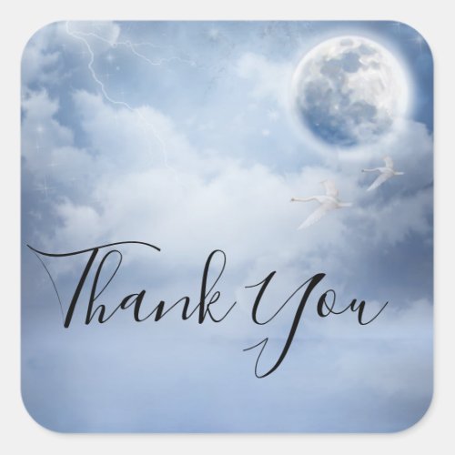 Magical Blue Sky with Flying Swans Thank You Square Sticker
