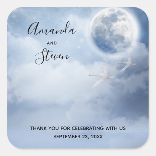 Magical Blue Sky with Flying Swans Wedding Square Sticker