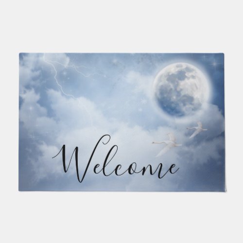 Magical Blue Sky with Flying Swans Welcome Doormat