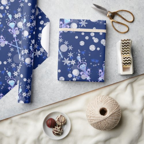 Magical Blue Snowflakes Wand Pattern Holiday Wrapping Paper