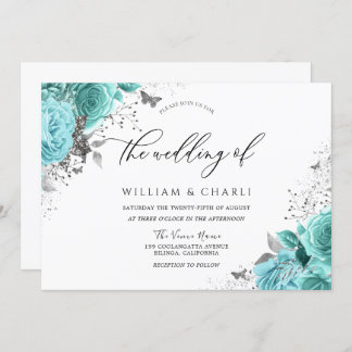Magical Blue Teal Aqua Roses Floral Wedding Invitation