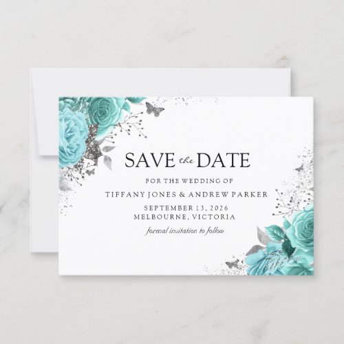 Magical Blue Teal Aqua Roses Floral Wedding Save The Date
