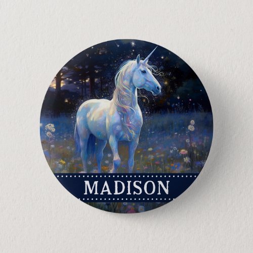 Magical Blue Unicorn Button with Custom Name