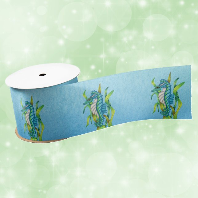 Magical Blue White sea Dragon Creature Seaweed  Satin Ribbon (Magical ocean sea dragons with seaweed on shades of blue roll of gift wrap or craft ribbon.)
