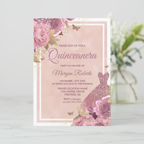 Magical Blush Pink Dress  Flowers Quinceanera Invitation