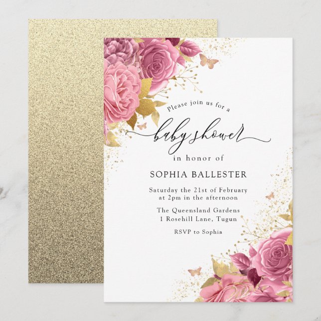 Magical Blush Pink Gold Flowers Baby Shower Invitation (Front/Back)