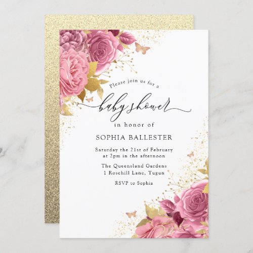 Magical Blush Pink Gold Flowers Baby Shower Invitation