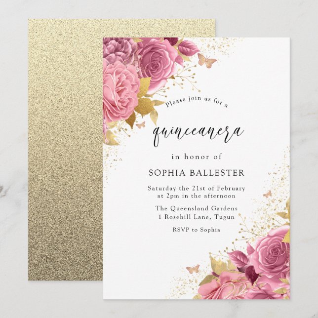 Magical Blush PInk Gold Flowers Quinceanera Party Invitation (Front/Back)