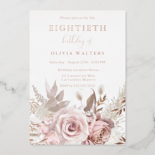 Magical Blush  Rose Floral 80th Birthday Foil Invitation