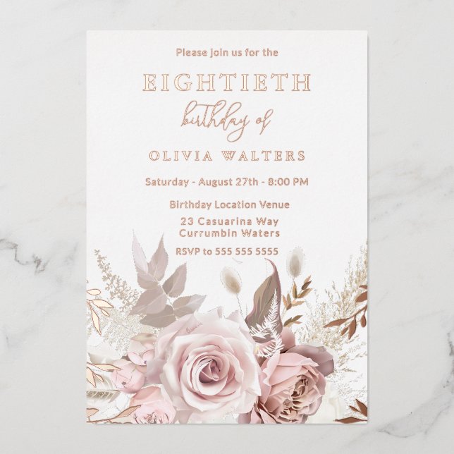 Magical Blush & Rose Floral 80th Birthday Foil Invitation (Front)