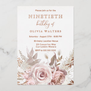 Magical Blush & Rose Floral 90th Birthday Foil Invitation