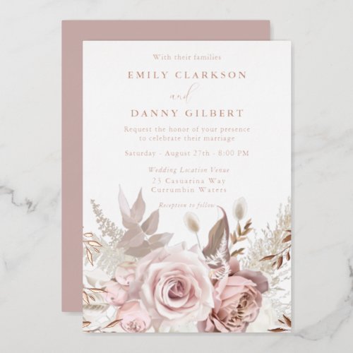Magical Blush  Rose Floral Wedding Rose Gold Foil Invitation