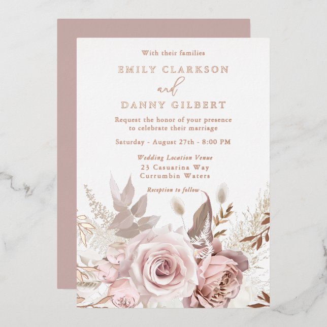 Magical Blush & Rose Floral Wedding Rose Gold Foil Invitation (Front/Back)