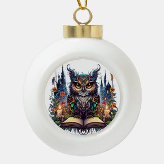 Magical Bookish Owl Ceramic Ball Christmas Ornament