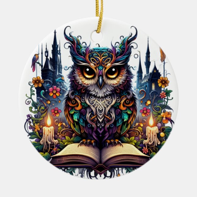 Magical Bookish Owl  Ceramic Ornament (Front)