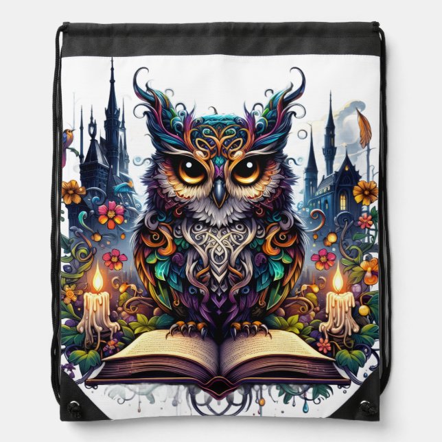 Magical Bookish Owl Drawstring Bag (Front)