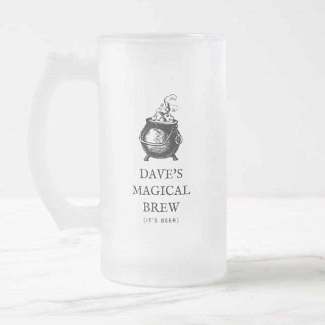 Magical brew funny Halloween personalized cauldron Frosted Glass Beer Mug (Left)