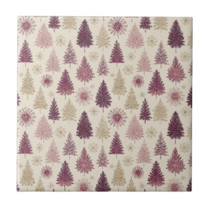 Magical Burgundy Forest Gold Starburst Snow Ceramic Tile