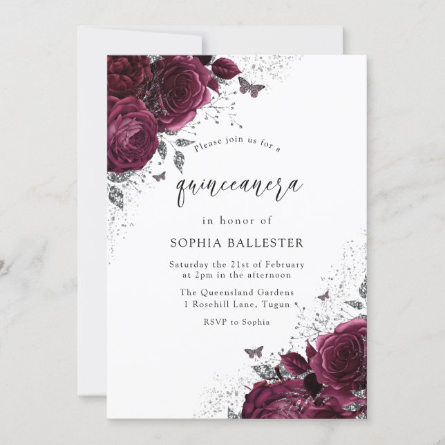 Magical Burgundy Roses Silver Elegant Quinceanera Invitation (Front)