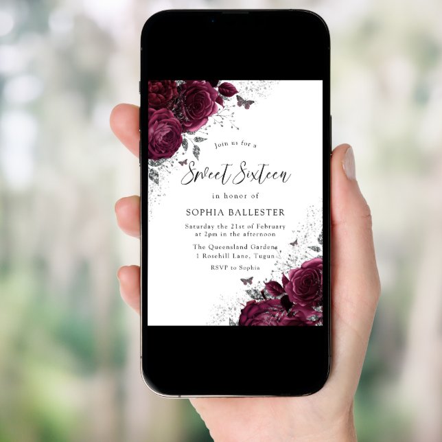 Magical Burgundy Roses Silver Elegant Sweet 16 Invitation (Front Digital)