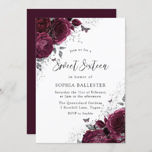 Magical Burgundy Roses Silver Elegant Sweet 16 Invitation