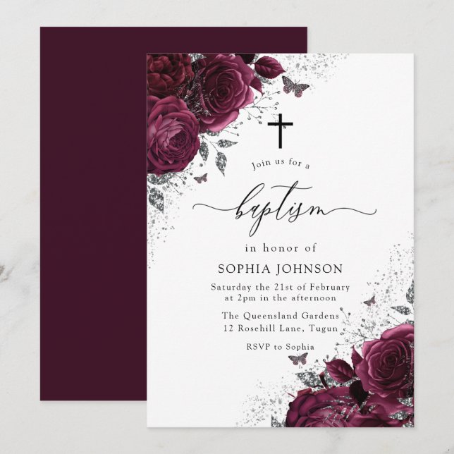 Magical Burgundy Roses With Silver Elegant Baptism Invitation (Front/Back)