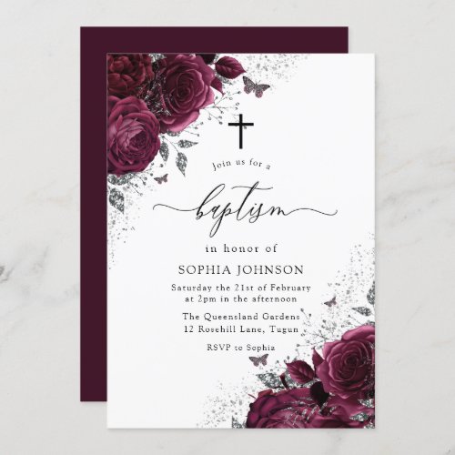 Magical Burgundy Roses With Silver Elegant Baptism Invitation