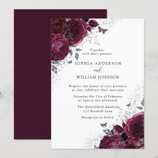 Magical Burgundy Roses With Silver Elegant Wedding Invitation