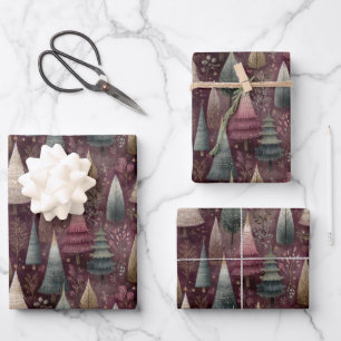 Magical Burgundy Woodland Christmas Trees Wrapping Paper Sheets