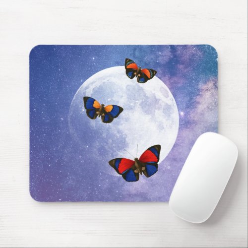 Magical Butterflies Full Moon Starry Night Mouse Pad
