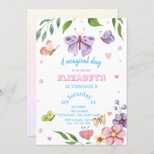 Magical Butterflies Striped Birthday  Invitation