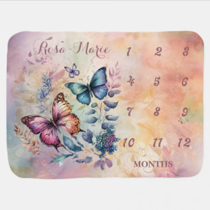 Magical Butterfly Floral Pink Mauve Name Milestone Baby Blanket