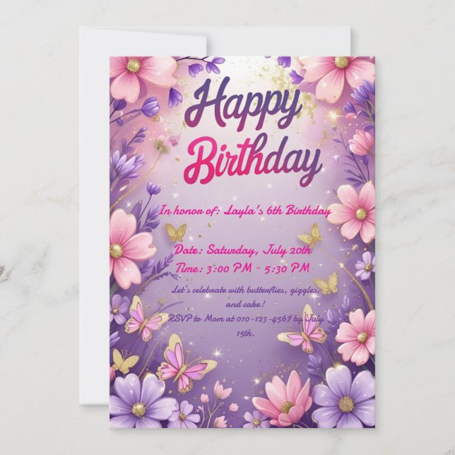 Magical Butterfly Garden Birthday Invitation for G (Front)