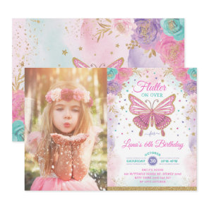 Magical Butterfly Pink Purple Gold Fairy Birthday Invitation