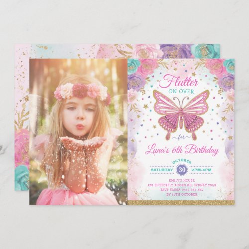 Magical Butterfly Pink Purple Gold Fairy Birthday Invitation