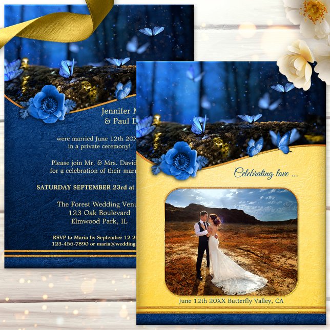 Magical Butterfly Your Photo Post Wedding Party Invitation (After wedding party invitation showing an enchanted forest at night with butterflies + custom photo)