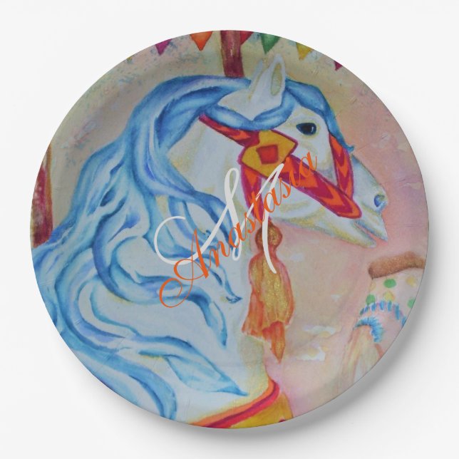 MAGICAL CAROUSEL HORSE MONOGRAM PARTY PAPER PLATES (Front)