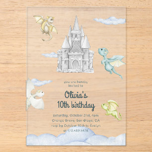 Magical Castle Cute Dragons Kids Birthday Acrylic Invitations