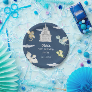 Magical Castle Cute Dragons Kids Birthday Blue Paper Plates