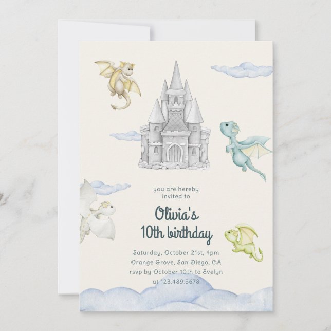 Magical Castle Cute Dragons Kids Birthday Invitation (Front)