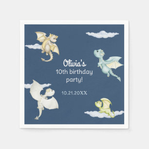 Magical Castle Cute Dragons Kids Blue Birthday Napkins