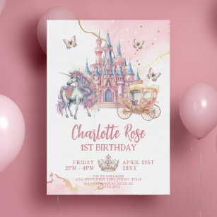 Magical Castle Unicorn Pink Princess 1st Birthday Invitation